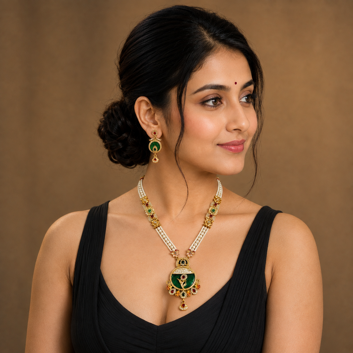 YLOCART Gold Tone Pearl Necklace and Earrings Set for Women | Green Red Traditional Ethnic Jewellery