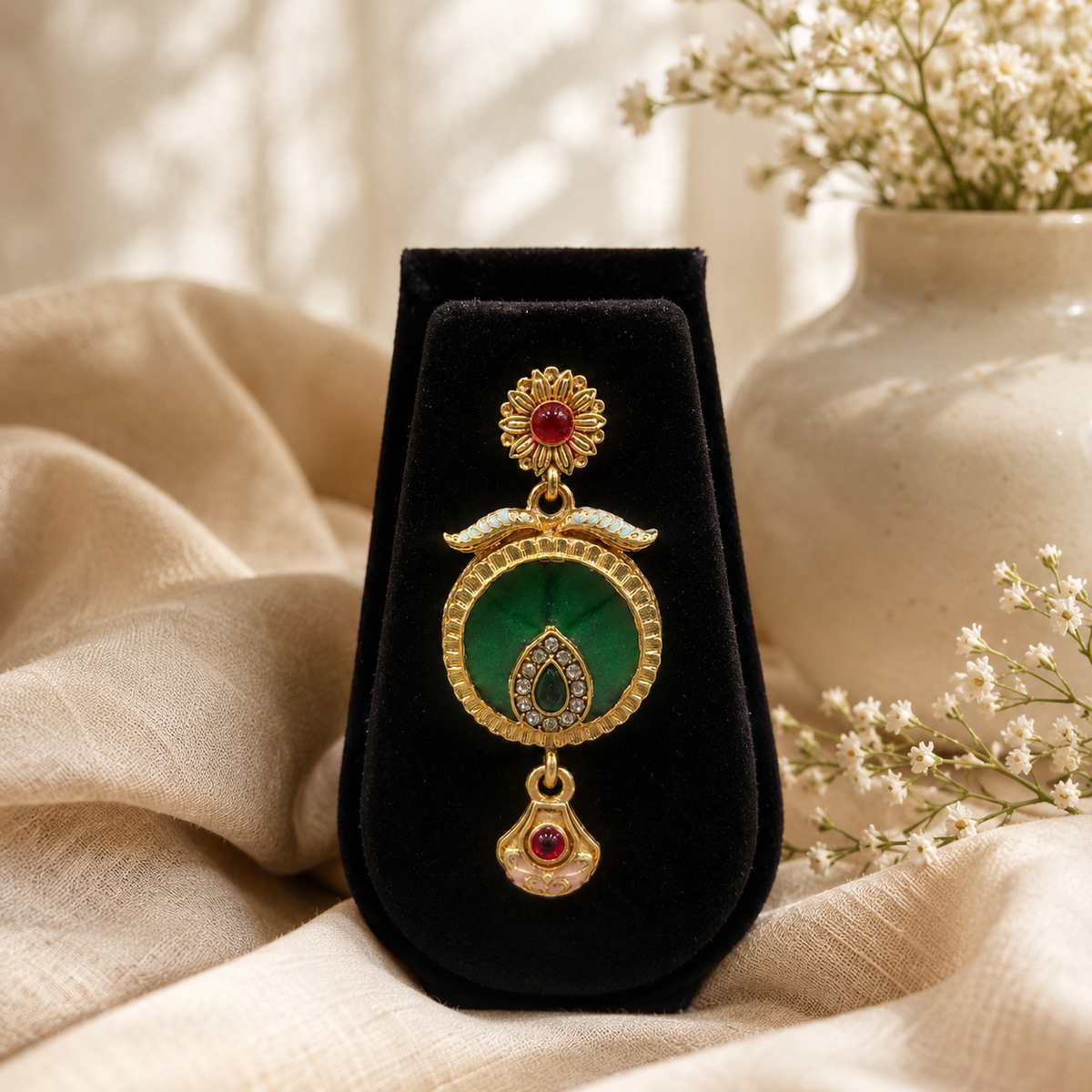 YLOCART Gold Tone Pearl Necklace and Earrings Set for Women | Green Red Traditional Ethnic Jewellery