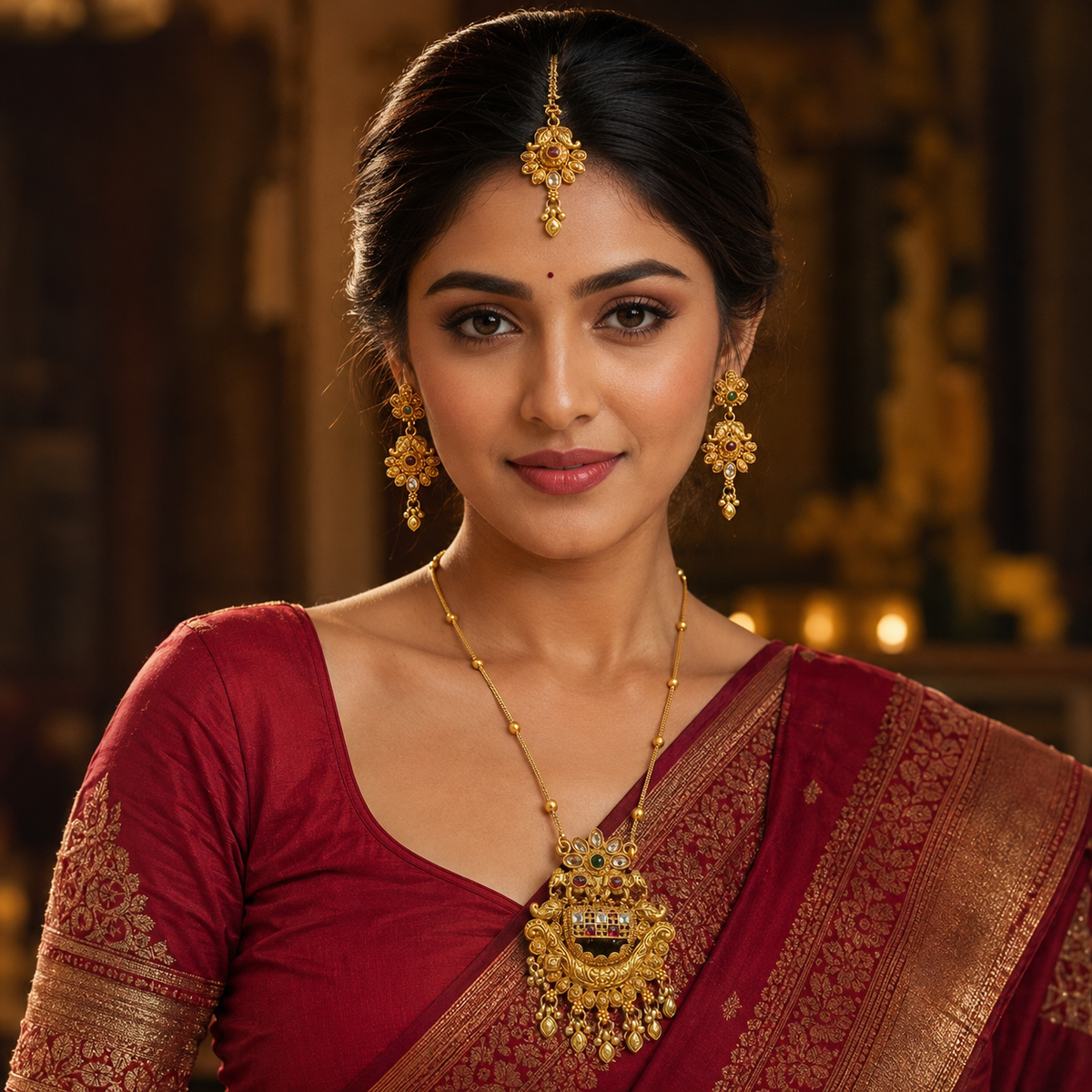YLOCART Gold Tone Traditional Necklace Set for Women | Necklace, Earrings & Maang Tikka | Multicolor Ethnic Bridal Jewellery
