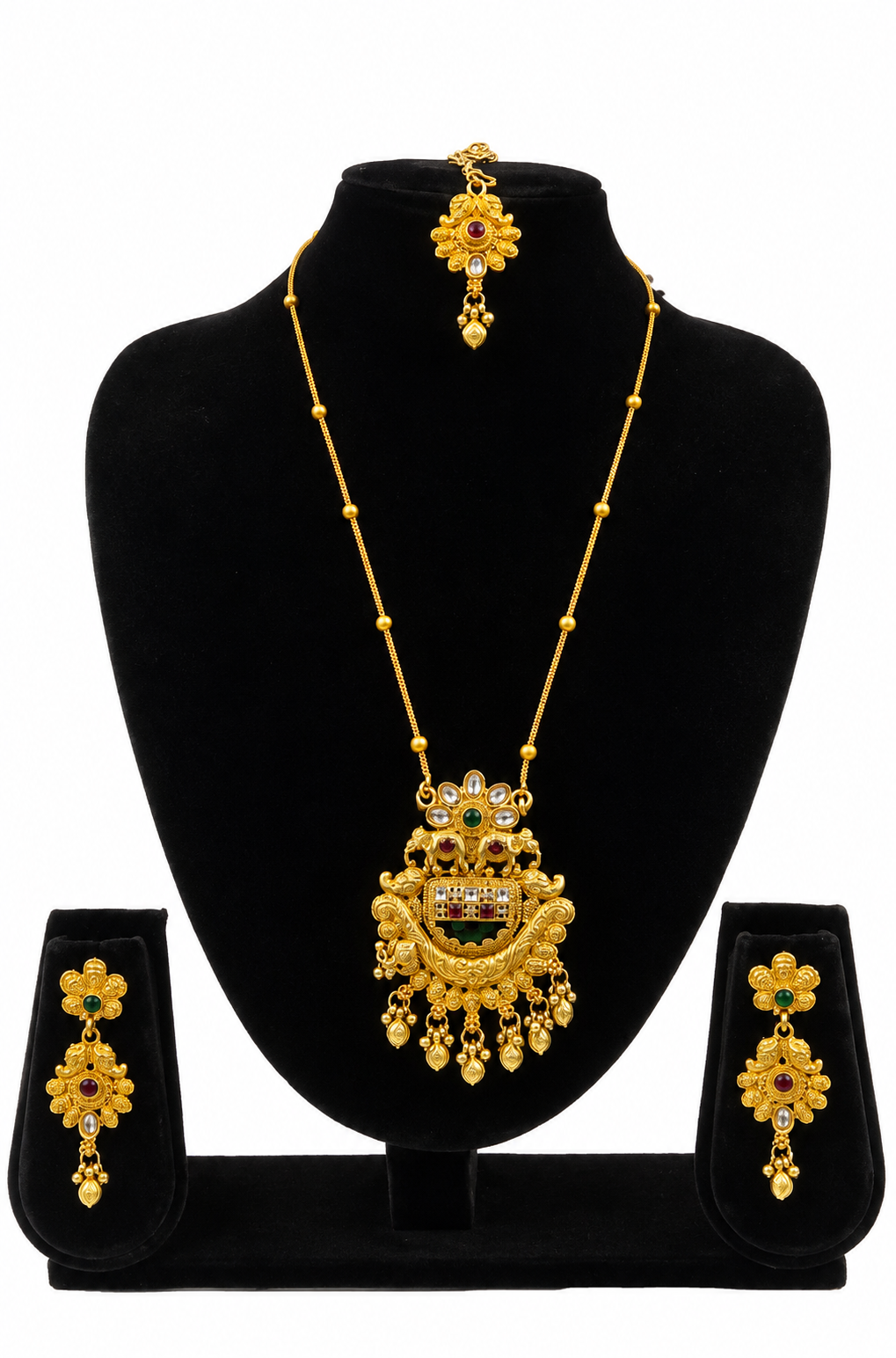 YLOCART Gold Tone Traditional Necklace Set for Women | Necklace, Earrings & Maang Tikka | Multicolor Ethnic Bridal Jewellery