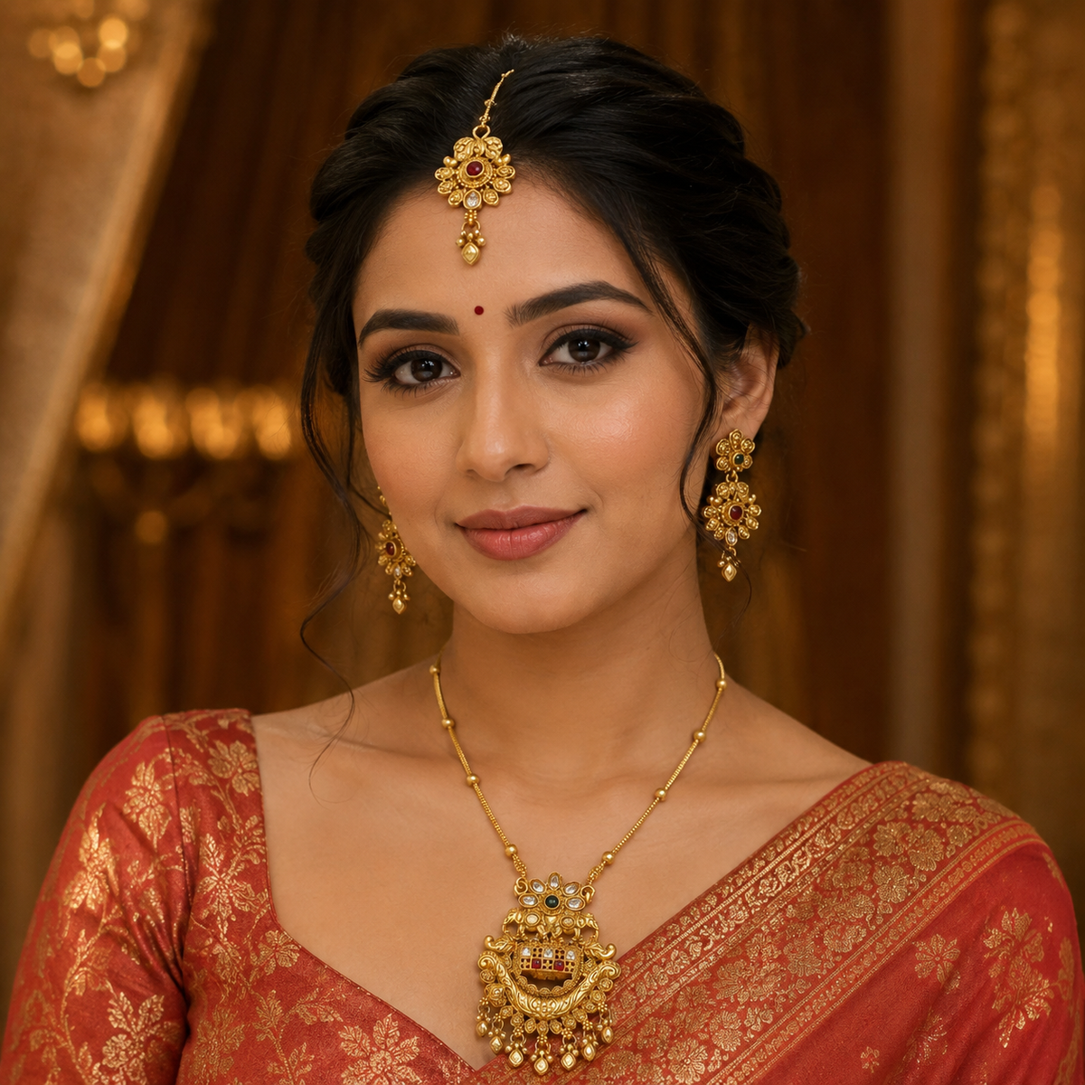YLOCART Gold Tone Traditional Necklace Set for Women | Necklace, Earrings & Maang Tikka | Multicolor Ethnic Bridal Jewellery