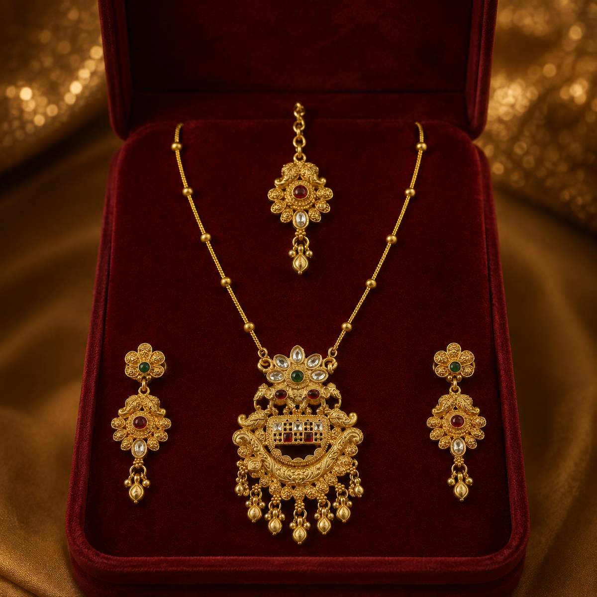 YLOCART Gold Tone Traditional Necklace Set for Women | Necklace, Earrings & Maang Tikka | Multicolor Ethnic Bridal Jewellery