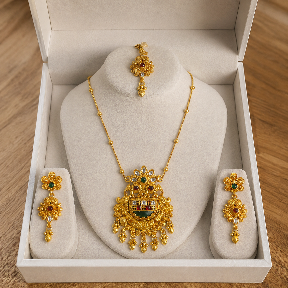 YLOCART Gold Tone Traditional Necklace Set for Women | Necklace, Earrings & Maang Tikka | Multicolor Ethnic Bridal Jewellery