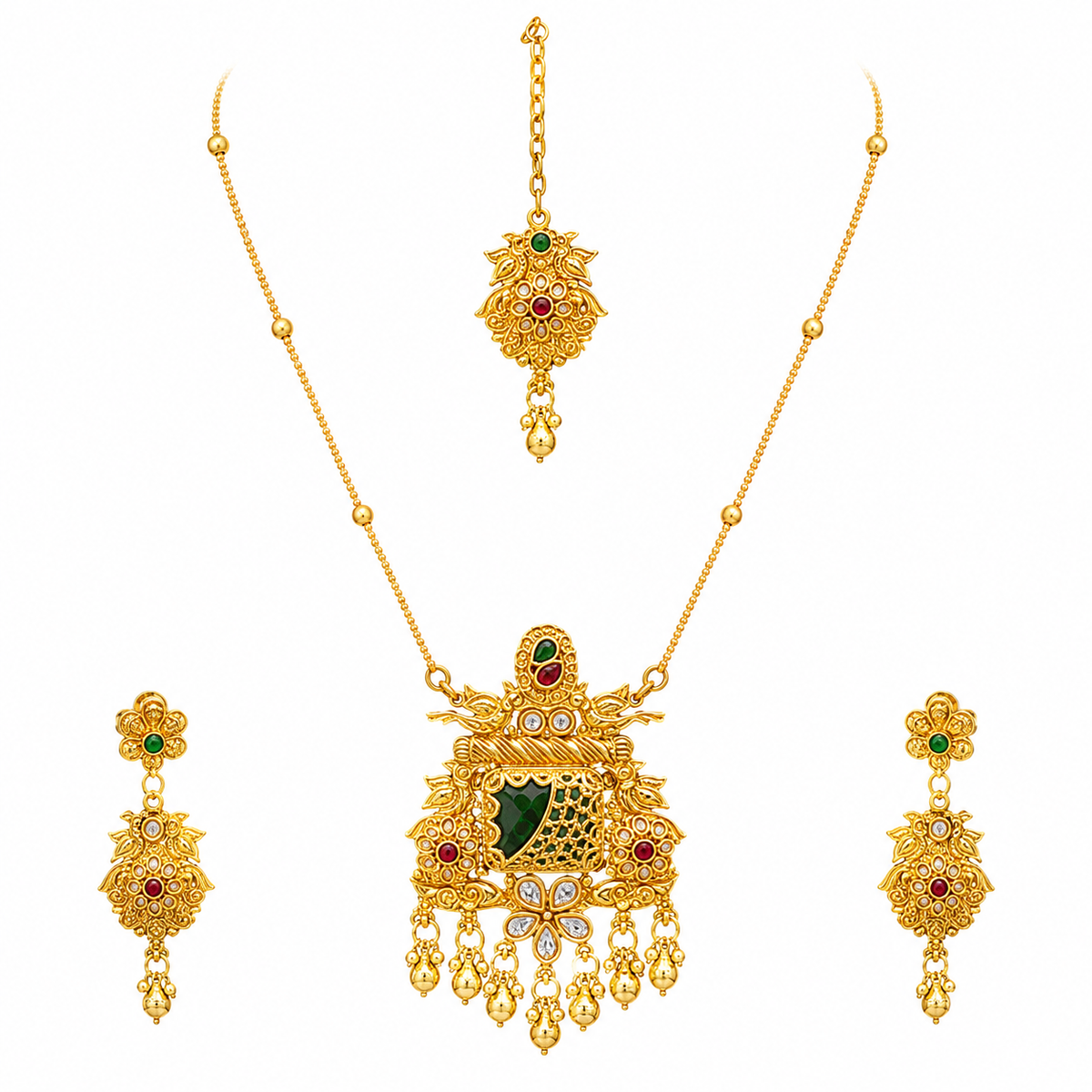 YLOCART Gold Tone Traditional Necklace, Earrings & Maang Tikka Set for Women | Multicolor Ethnic Bridal Jewellery