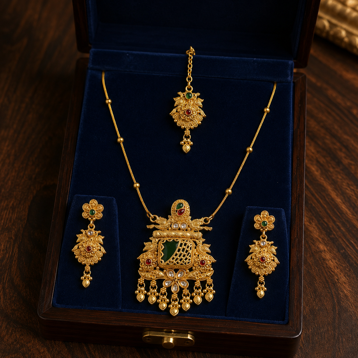 YLOCART Gold Tone Traditional Necklace, Earrings & Maang Tikka Set for Women | Multicolor Ethnic Bridal Jewellery