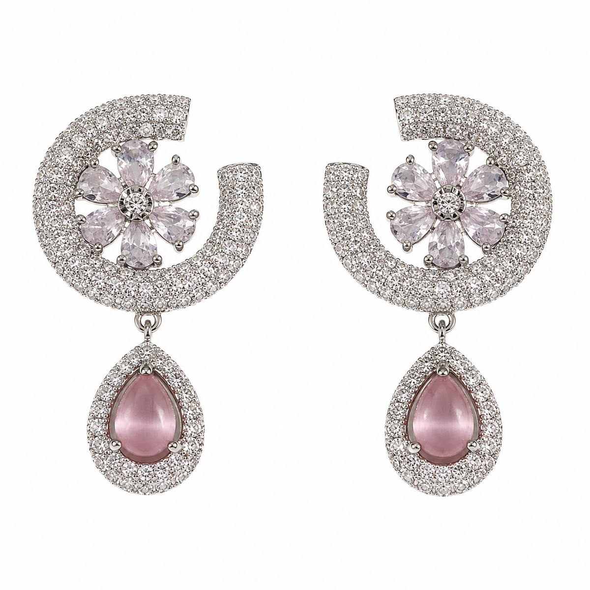 Silver Tone Pink Floral Drop Earrings for Women | Crystal Studded Teardrop Earrings | Elegant Party Wear Jewellery