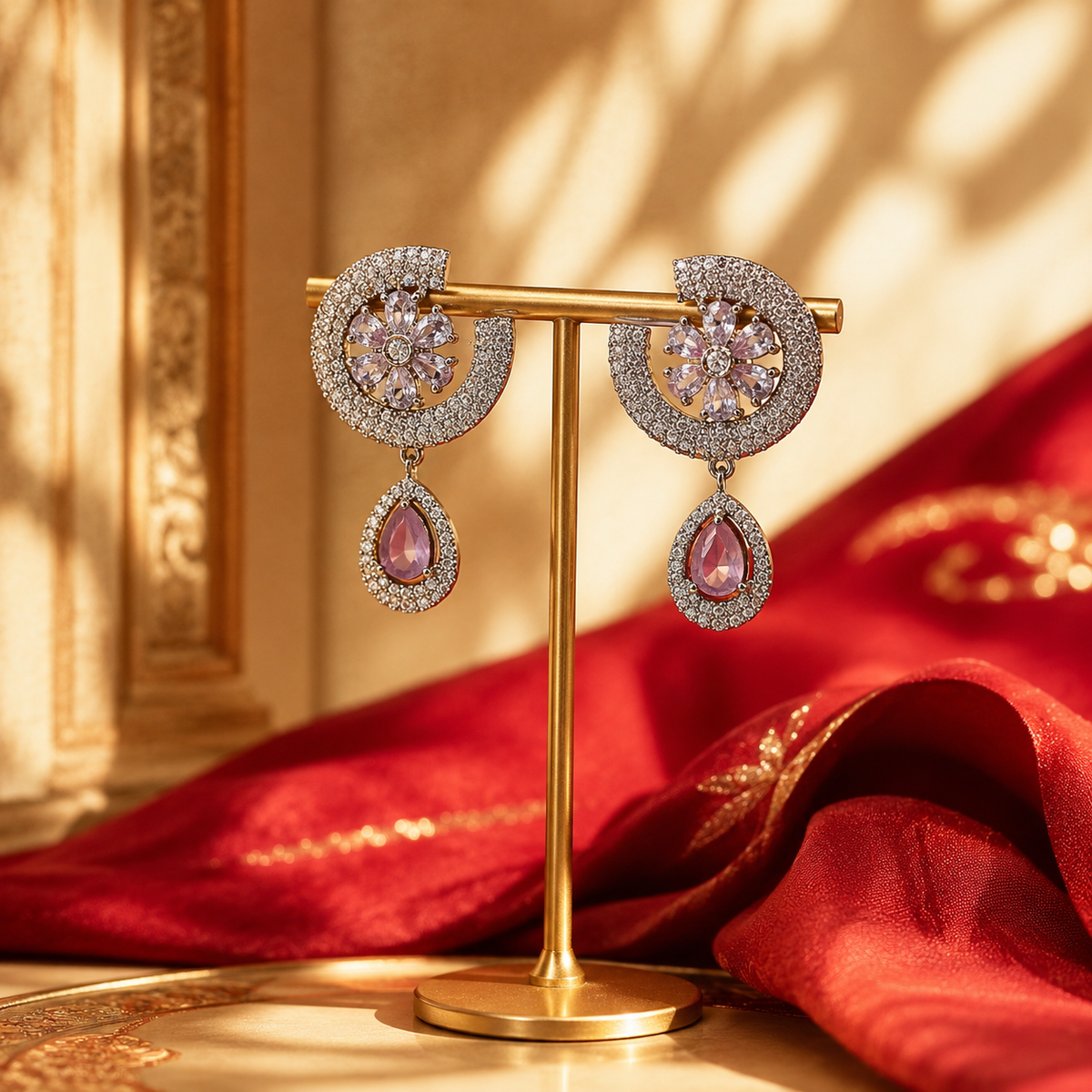 Silver Tone Pink Floral Drop Earrings for Women | Crystal Studded Teardrop Earrings | Elegant Party Wear Jewellery
