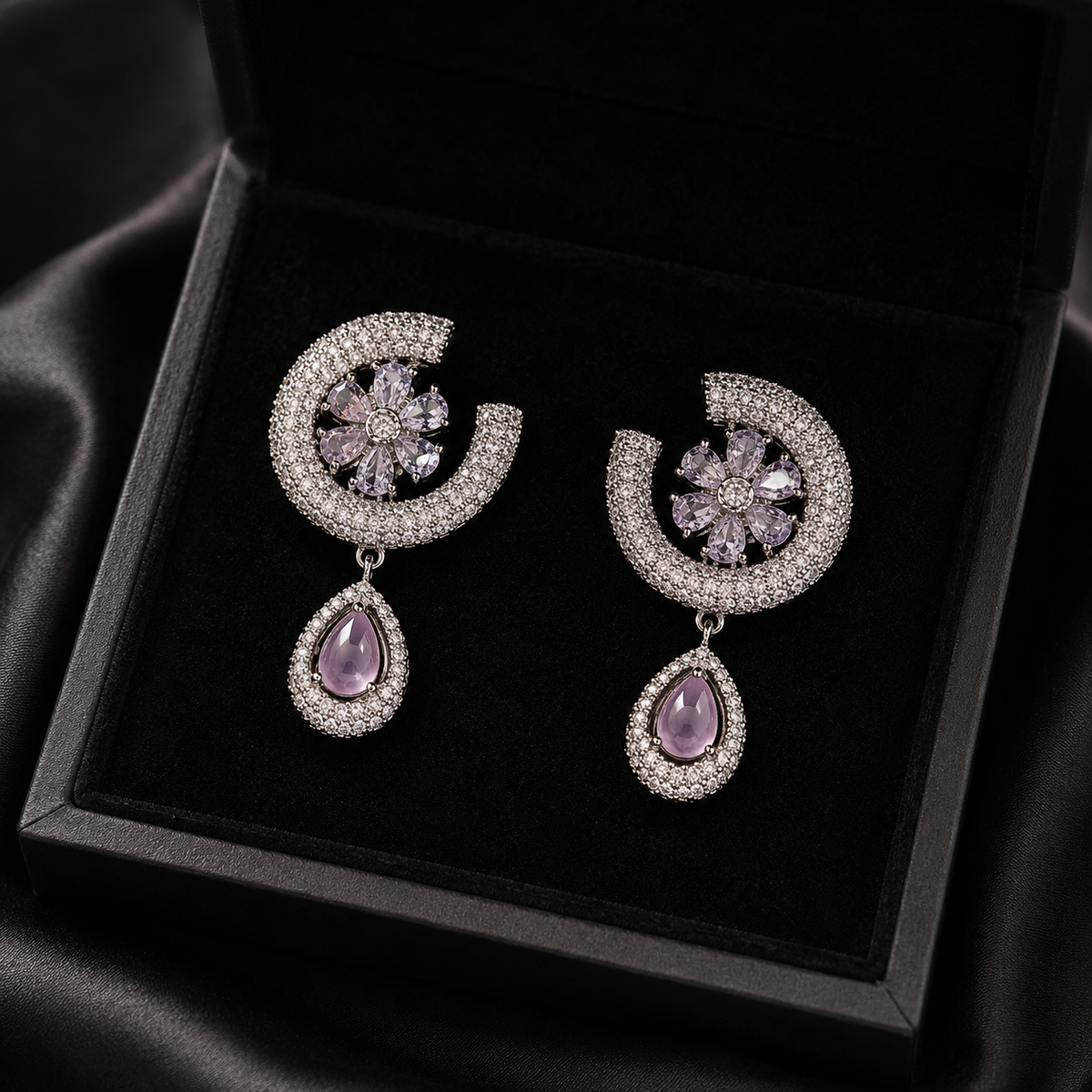 Silver Tone Pink Floral Drop Earrings for Women | Crystal Studded Teardrop Earrings | Elegant Party Wear Jewellery