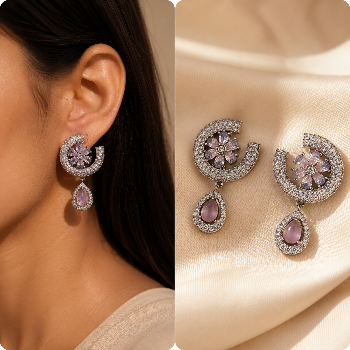 Silver Tone Pink Floral Drop Earrings for Women | Crystal Studded Teardrop Earrings | Elegant Party Wear Jewellery