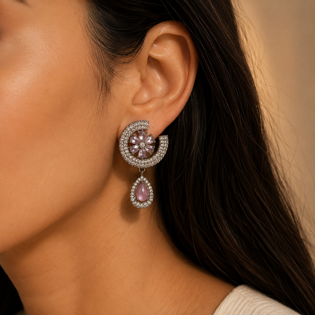 Silver Tone Pink Floral Drop Earrings for Women | Crystal Studded Teardrop Earrings | Elegant Party Wear Jewellery