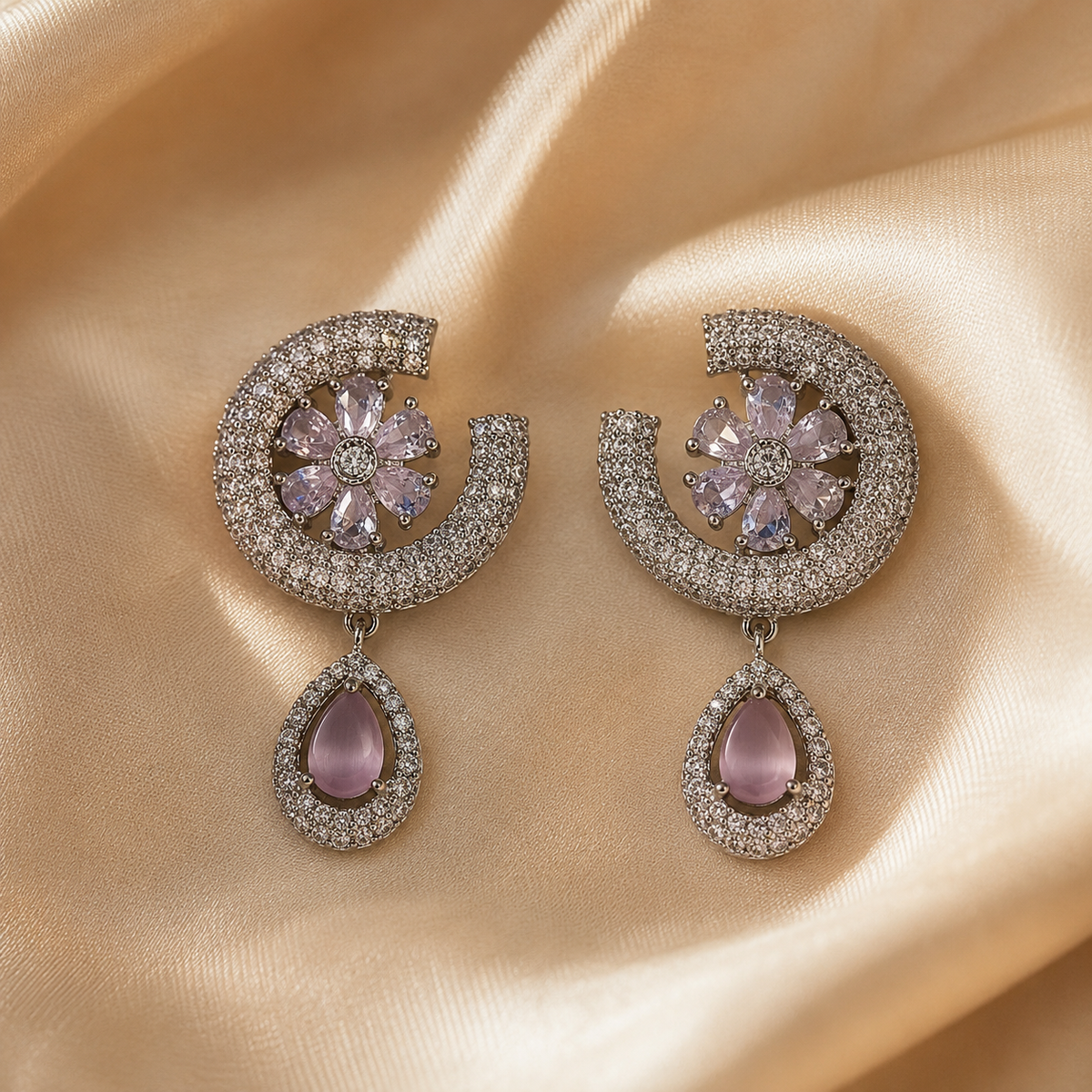 Silver Tone Pink Floral Drop Earrings for Women | Crystal Studded Teardrop Earrings | Elegant Party Wear Jewellery