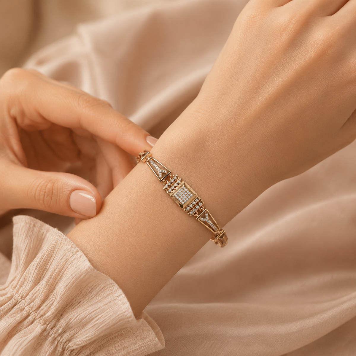 YLOCART Rose Gold Tone Designer Bracelet Kada for Women | Geometric Crystal Studded Fashion Jewellery