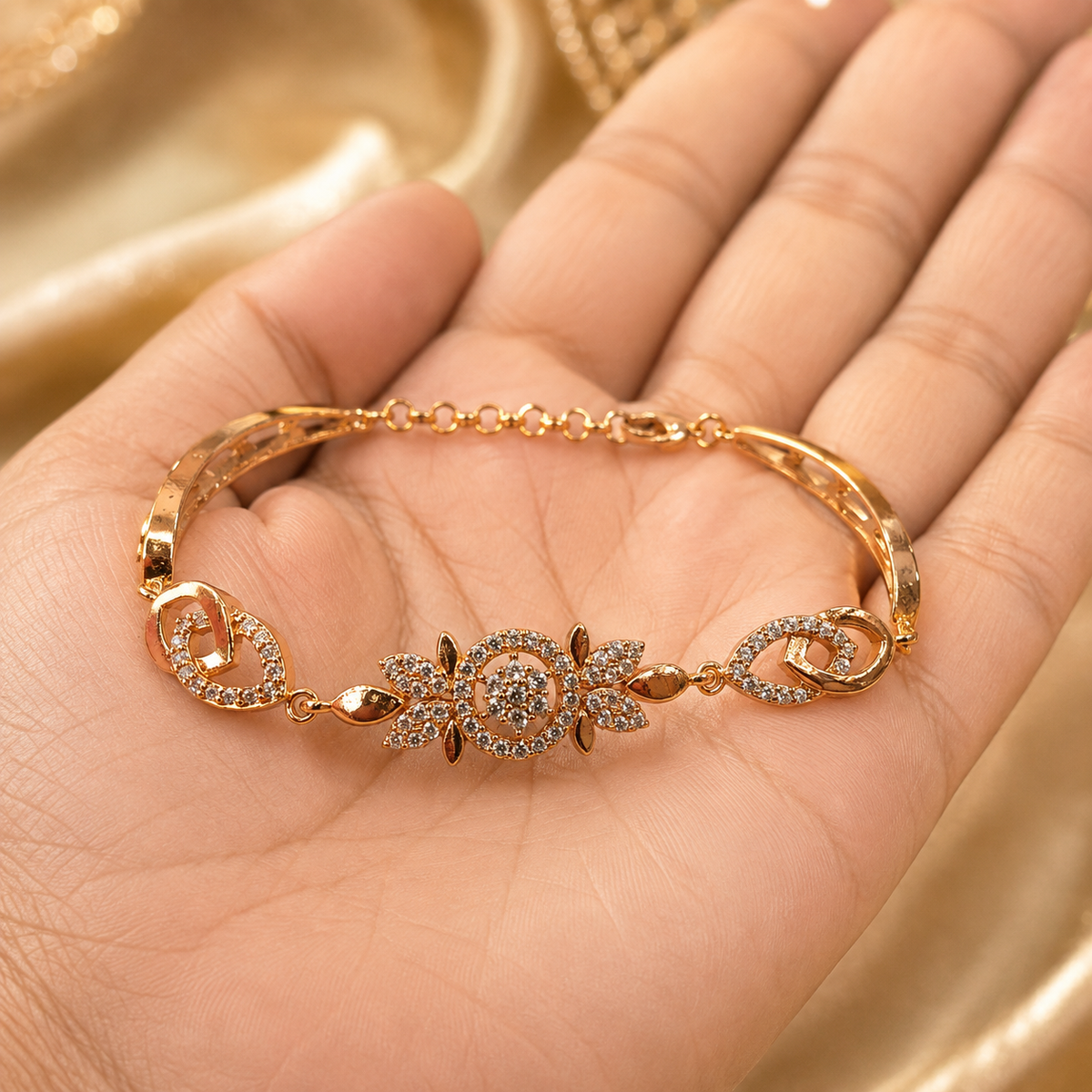 YLOCART Gold Tone Designer Bracelet Kada for Women | Floral Crystal Studded Elegant Fashion Jewellery