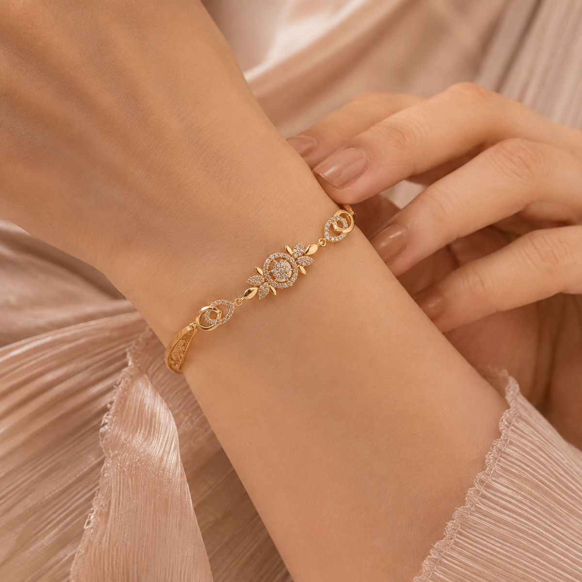 YLOCART Gold Tone Designer Bracelet Kada for Women | Floral Crystal Studded Elegant Fashion Jewellery
