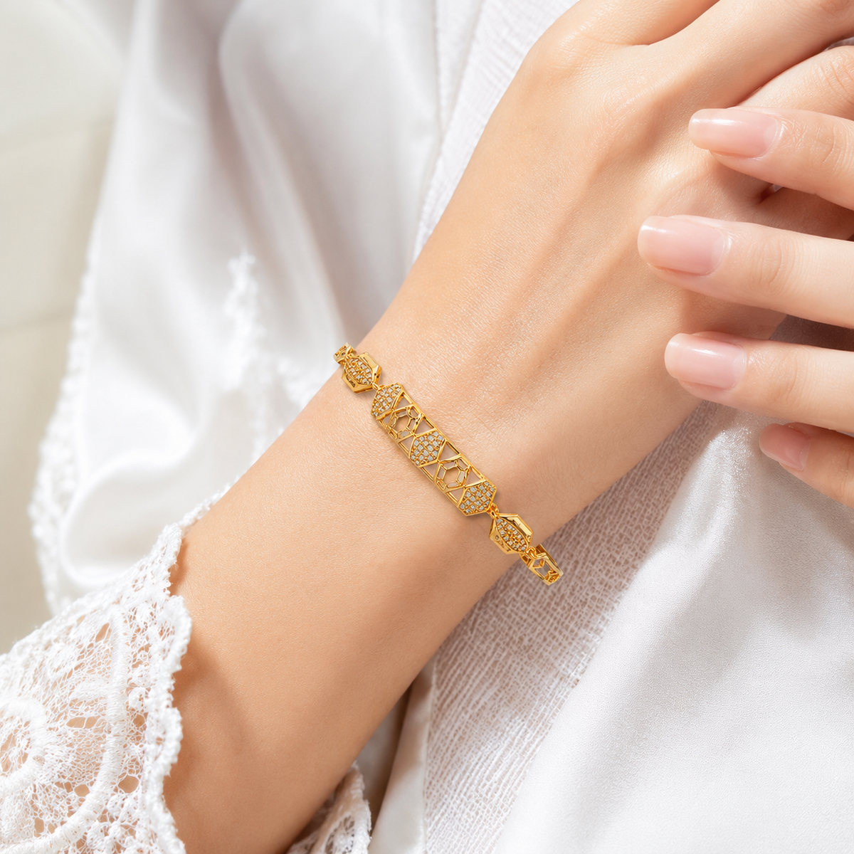 YLOCART Gold Plated American Diamond Bracelet for Women | Elegant Geometric Crystal Bracelet | Stylish Party Wear & Daily Wear Jewellery