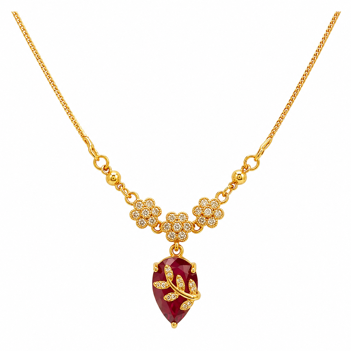YLOCART Gold Plated Red Teardrop Stone Necklace for Women | Floral Crystal Pendant Necklace | Elegant Designer Fashion Jewellery for Party, Wedding & Festive Wear