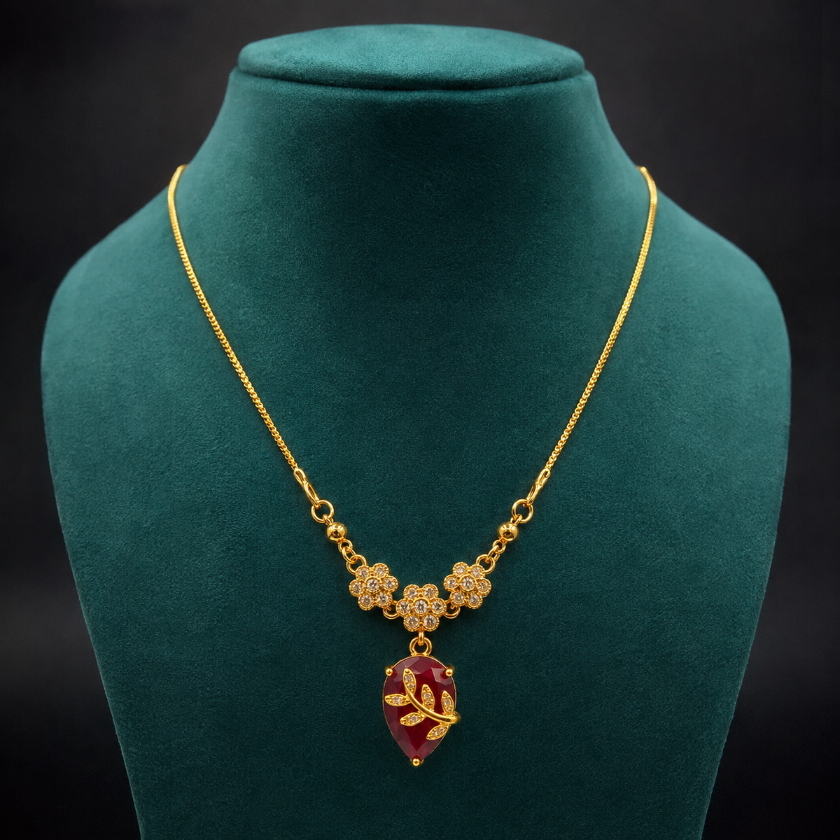 YLOCART Gold Plated Red Teardrop Stone Necklace for Women | Floral Crystal Pendant Necklace | Elegant Designer Fashion Jewellery for Party, Wedding & Festive Wear