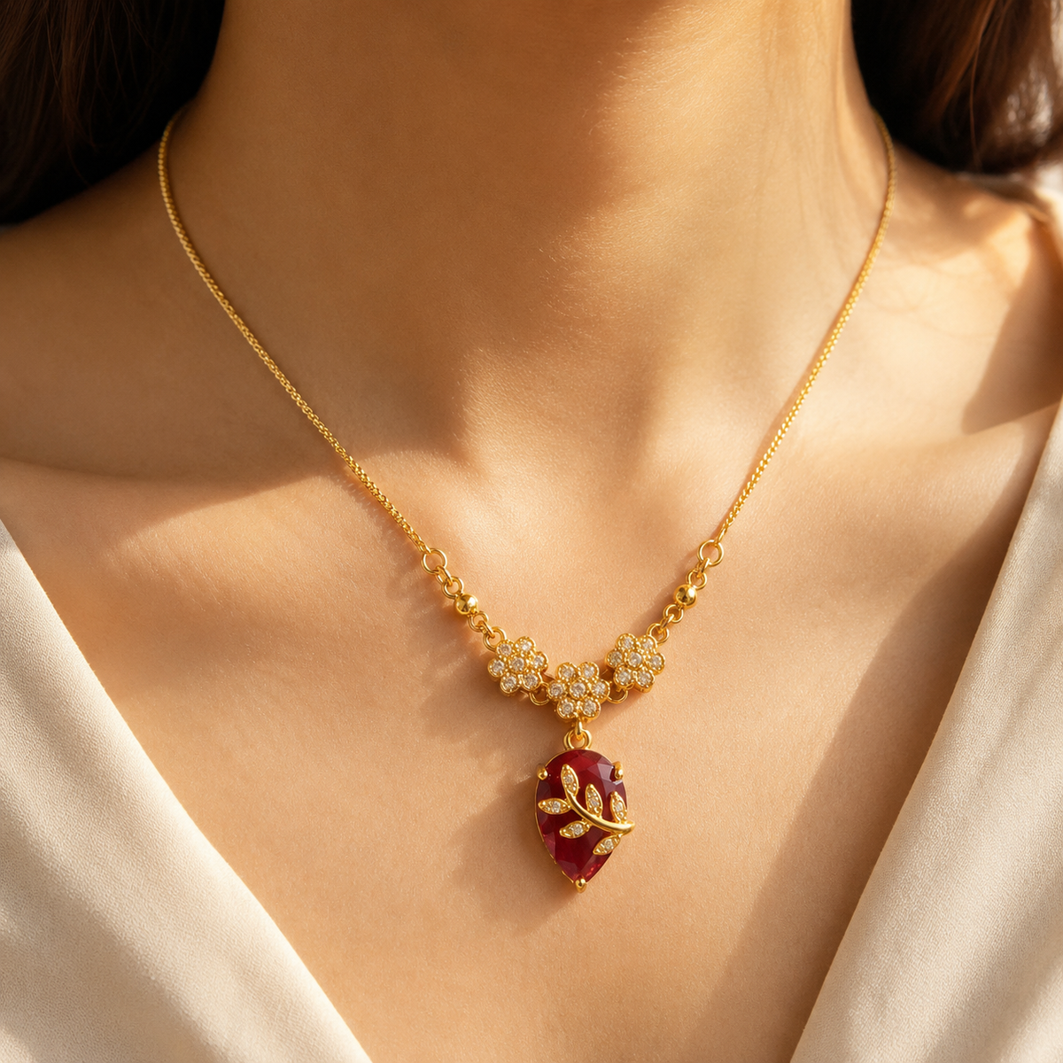 YLOCART Gold Plated Red Teardrop Stone Necklace for Women | Floral Crystal Pendant Necklace | Elegant Designer Fashion Jewellery for Party, Wedding & Festive Wear