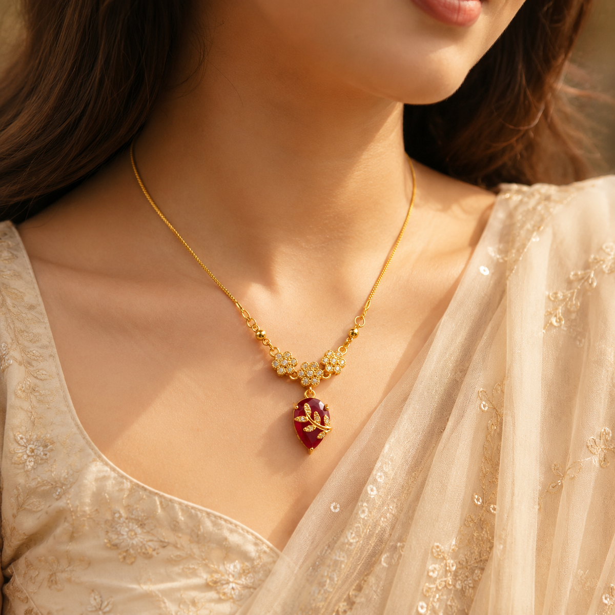 YLOCART Gold Plated Red Teardrop Stone Necklace for Women | Floral Crystal Pendant Necklace | Elegant Designer Fashion Jewellery for Party, Wedding & Festive Wear