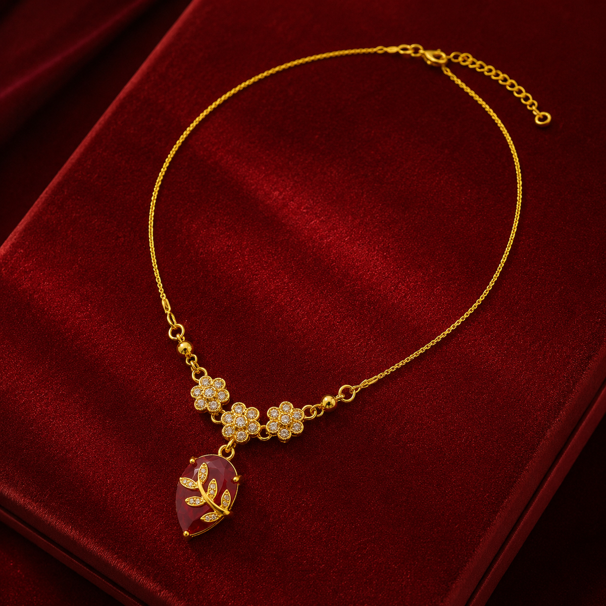 YLOCART Gold Plated Red Teardrop Stone Necklace for Women | Floral Crystal Pendant Necklace | Elegant Designer Fashion Jewellery for Party, Wedding & Festive Wear