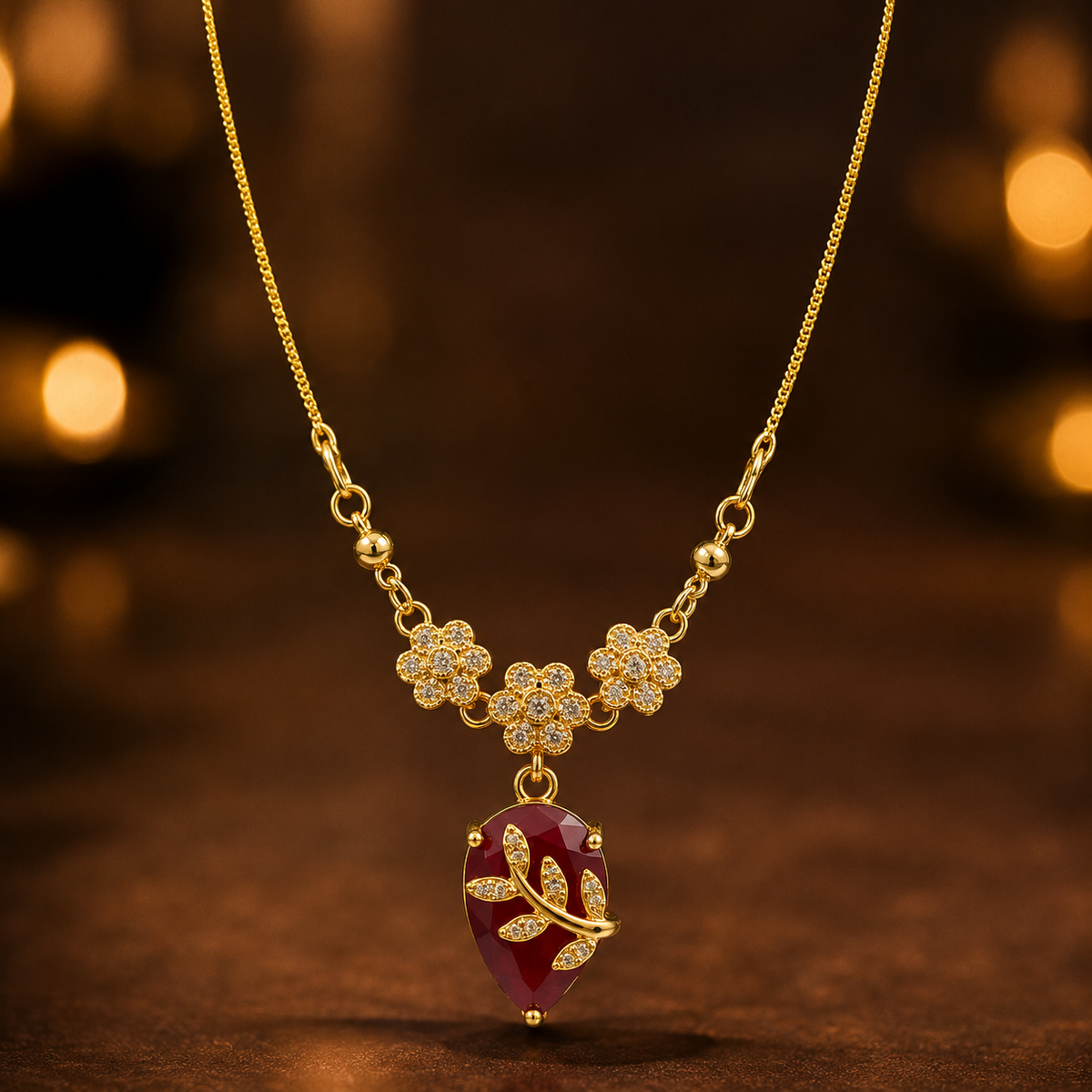 YLOCART Gold Plated Red Teardrop Stone Necklace for Women | Floral Crystal Pendant Necklace | Elegant Designer Fashion Jewellery for Party, Wedding & Festive Wear