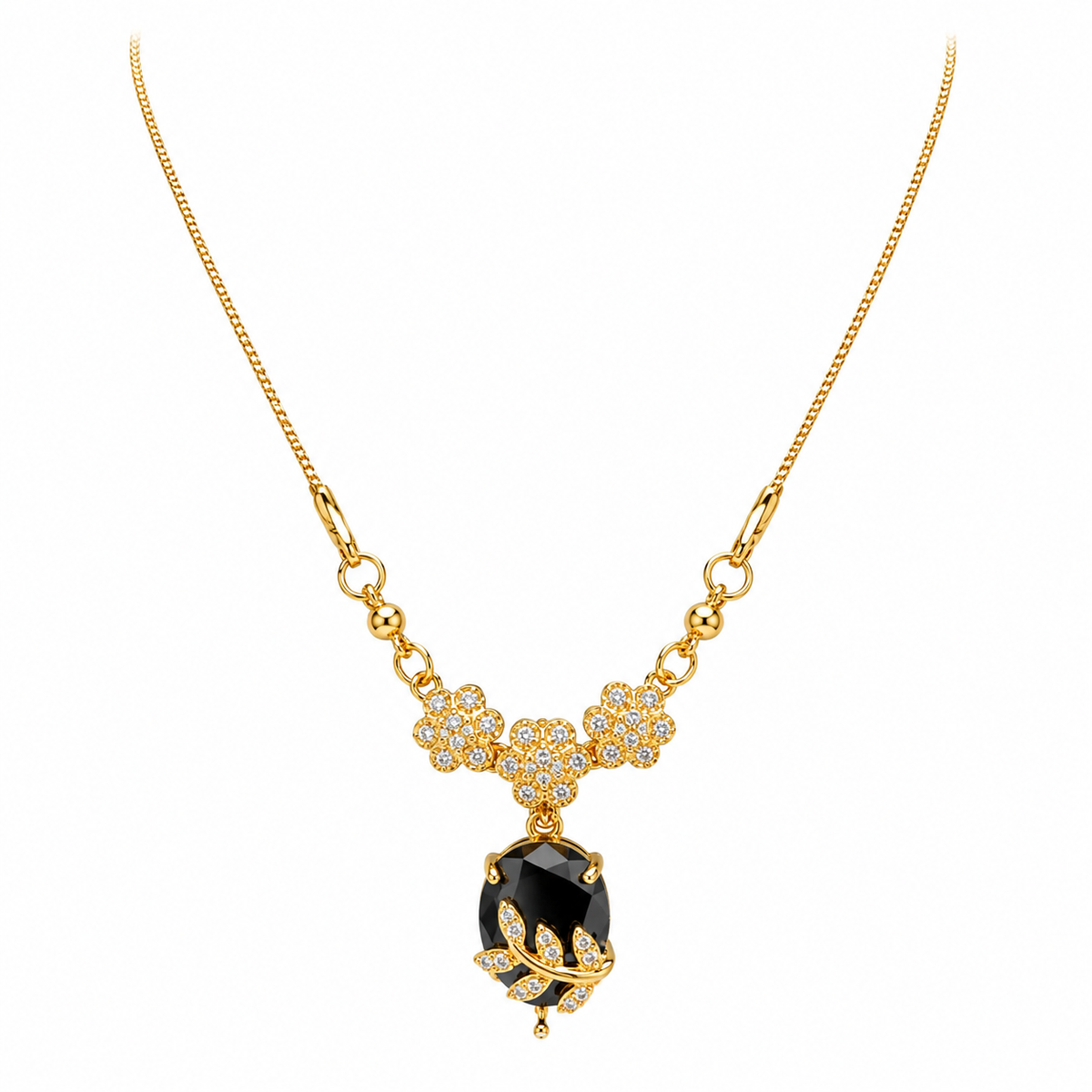 YLOCART Gold Plated Black Stone Floral Pendant Necklace for Women | Elegant Crystal Necklace | Designer Fashion Jewellery for Party, Wedding & Festive Wear