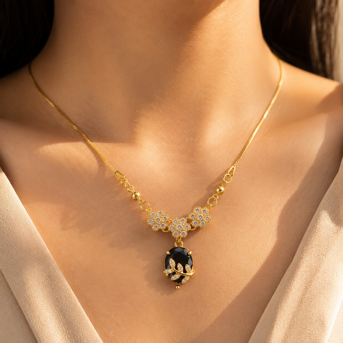 YLOCART Gold Plated Black Stone Floral Pendant Necklace for Women | Elegant Crystal Necklace | Designer Fashion Jewellery for Party, Wedding & Festive Wear