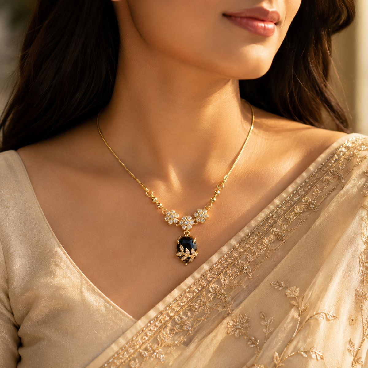 YLOCART Gold Plated Black Stone Floral Pendant Necklace for Women | Elegant Crystal Necklace | Designer Fashion Jewellery for Party, Wedding & Festive Wear