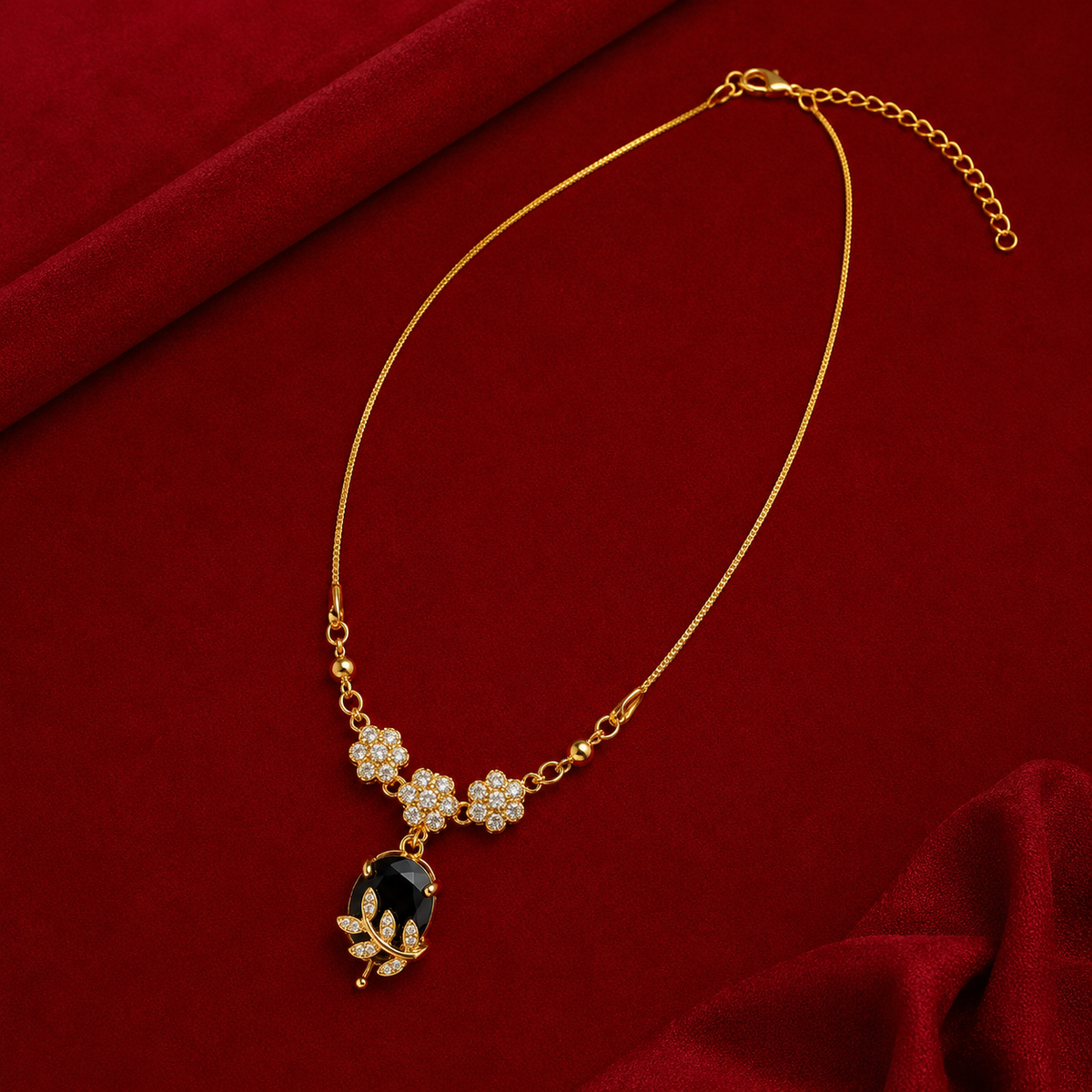 YLOCART Gold Plated Black Stone Floral Pendant Necklace for Women | Elegant Crystal Necklace | Designer Fashion Jewellery for Party, Wedding & Festive Wear