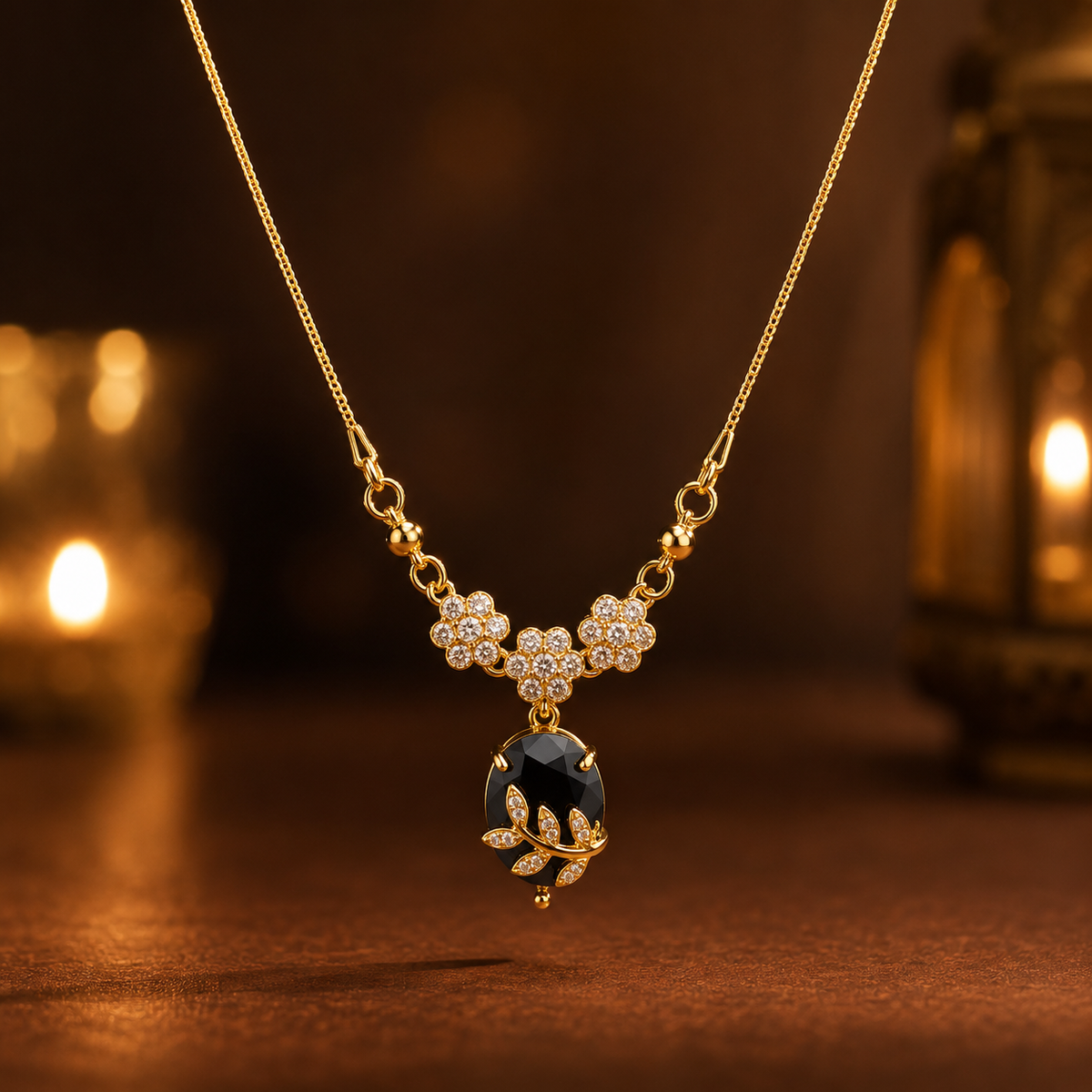 YLOCART Gold Plated Black Stone Floral Pendant Necklace for Women | Elegant Crystal Necklace | Designer Fashion Jewellery for Party, Wedding & Festive Wear