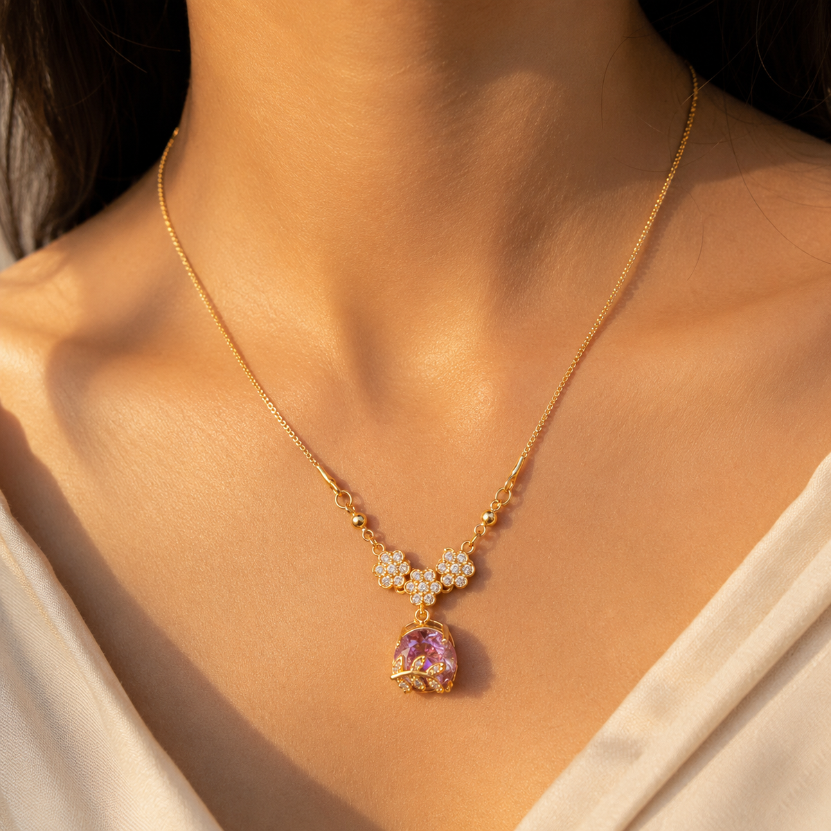 YLOCART Gold Plated Purple Stone Floral Pendant Necklace for Women | Elegant Designer Crystal Necklace | Party, Wedding & Festive Jewellery