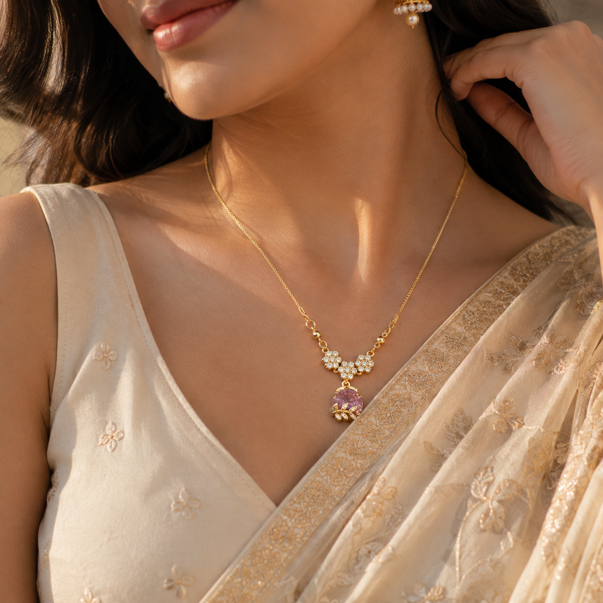 YLOCART Gold Plated Purple Stone Floral Pendant Necklace for Women | Elegant Designer Crystal Necklace | Party, Wedding & Festive Jewellery