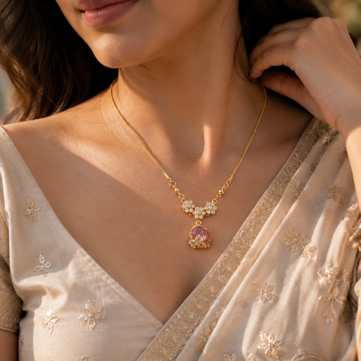YLOCART Gold Plated Purple Stone Floral Pendant Necklace for Women | Elegant Designer Crystal Necklace | Party, Wedding & Festive Jewellery
