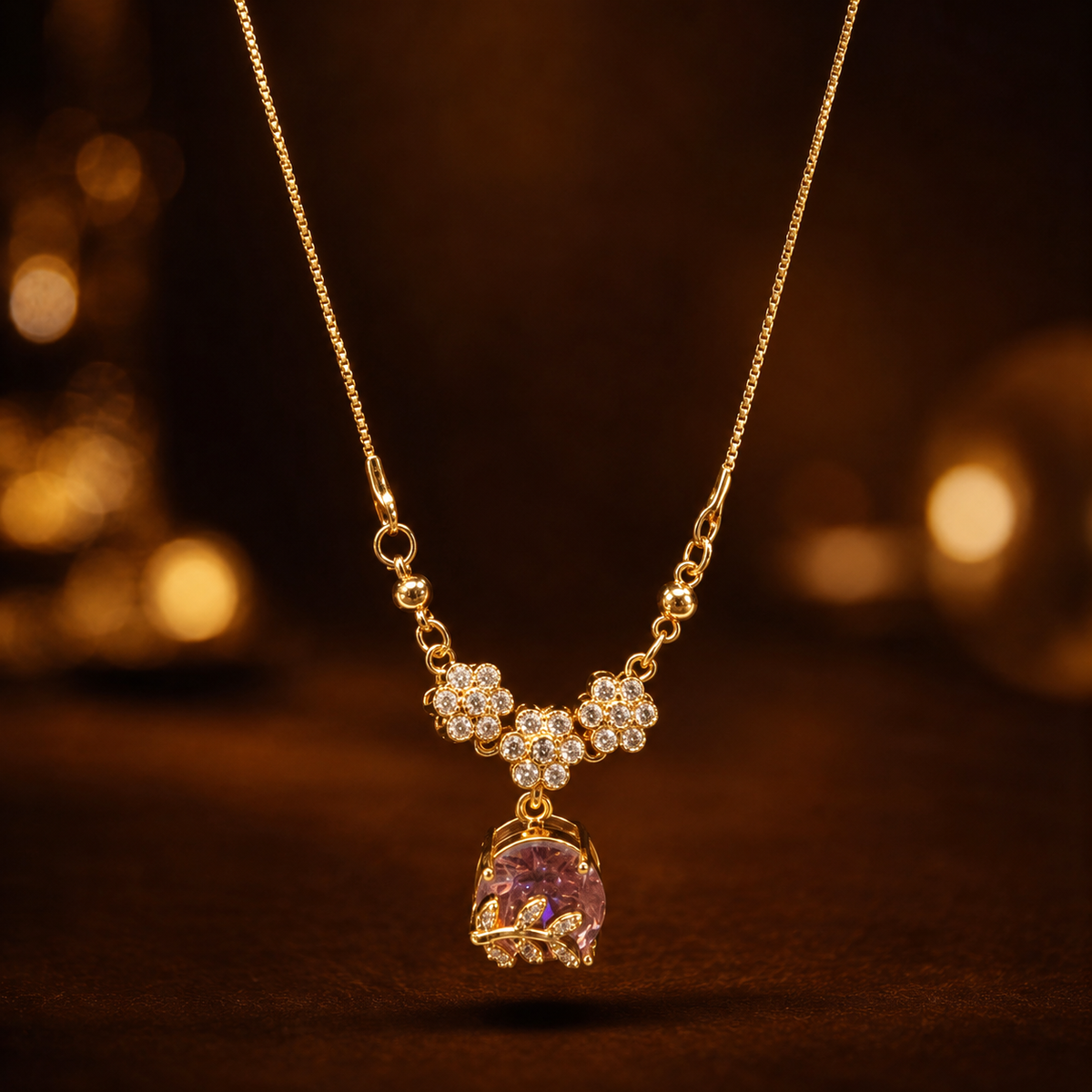 YLOCART Gold Plated Purple Stone Floral Pendant Necklace for Women | Elegant Designer Crystal Necklace | Party, Wedding & Festive Jewellery