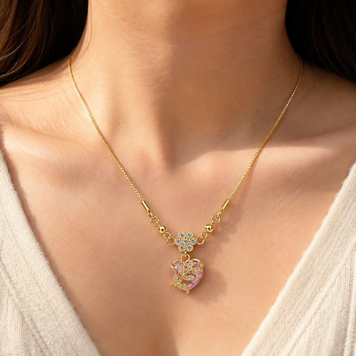 YLOCART Gold Plated Pink Heart Stone Bracelet for Women | Floral Crystal Heart Charm Bracelet | Elegant Designer Fashion Jewellery for Party, Wedding & Festive Wear