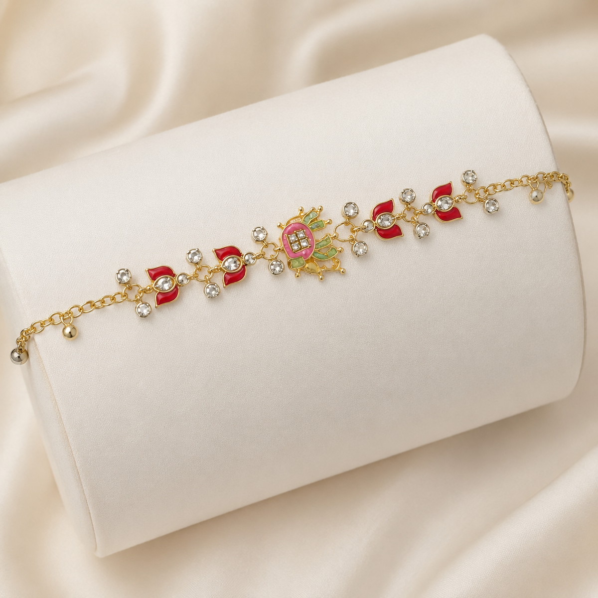 YLOCART Gold Plated Multicolor Designer Bracelet for Women | Red Green Enamel Style Crystal Bracelet | Traditional Fashion Jewellery for Party & Festive Wear
