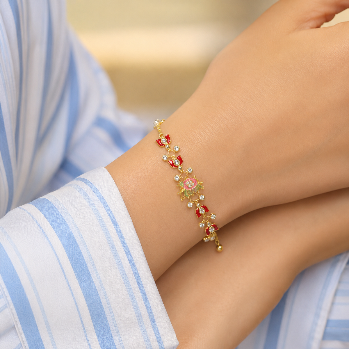 YLOCART Gold Plated Multicolor Designer Bracelet for Women | Red Green Enamel Style Crystal Bracelet | Traditional Fashion Jewellery for Party & Festive Wear