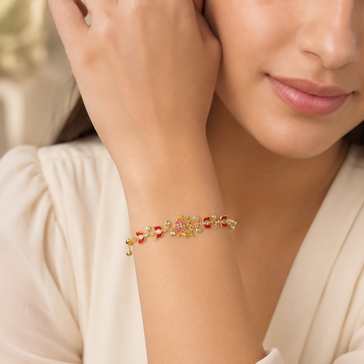YLOCART Gold Plated Multicolor Designer Bracelet for Women | Red Green Enamel Style Crystal Bracelet | Traditional Fashion Jewellery for Party & Festive Wear