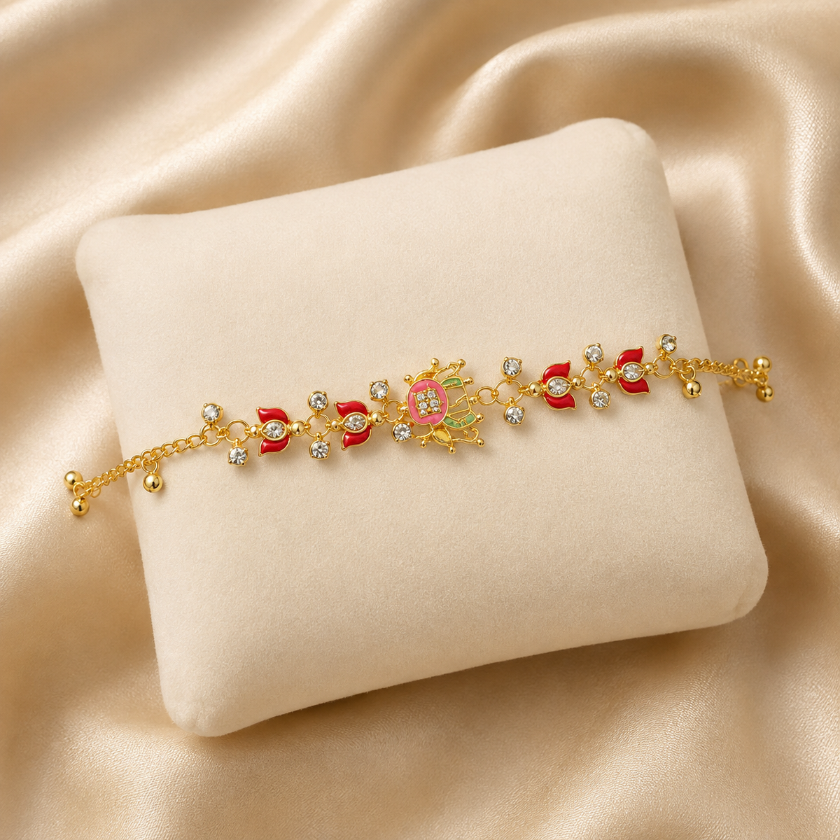 YLOCART Gold Plated Multicolor Designer Bracelet for Women | Red Green Enamel Style Crystal Bracelet | Traditional Fashion Jewellery for Party & Festive Wear
