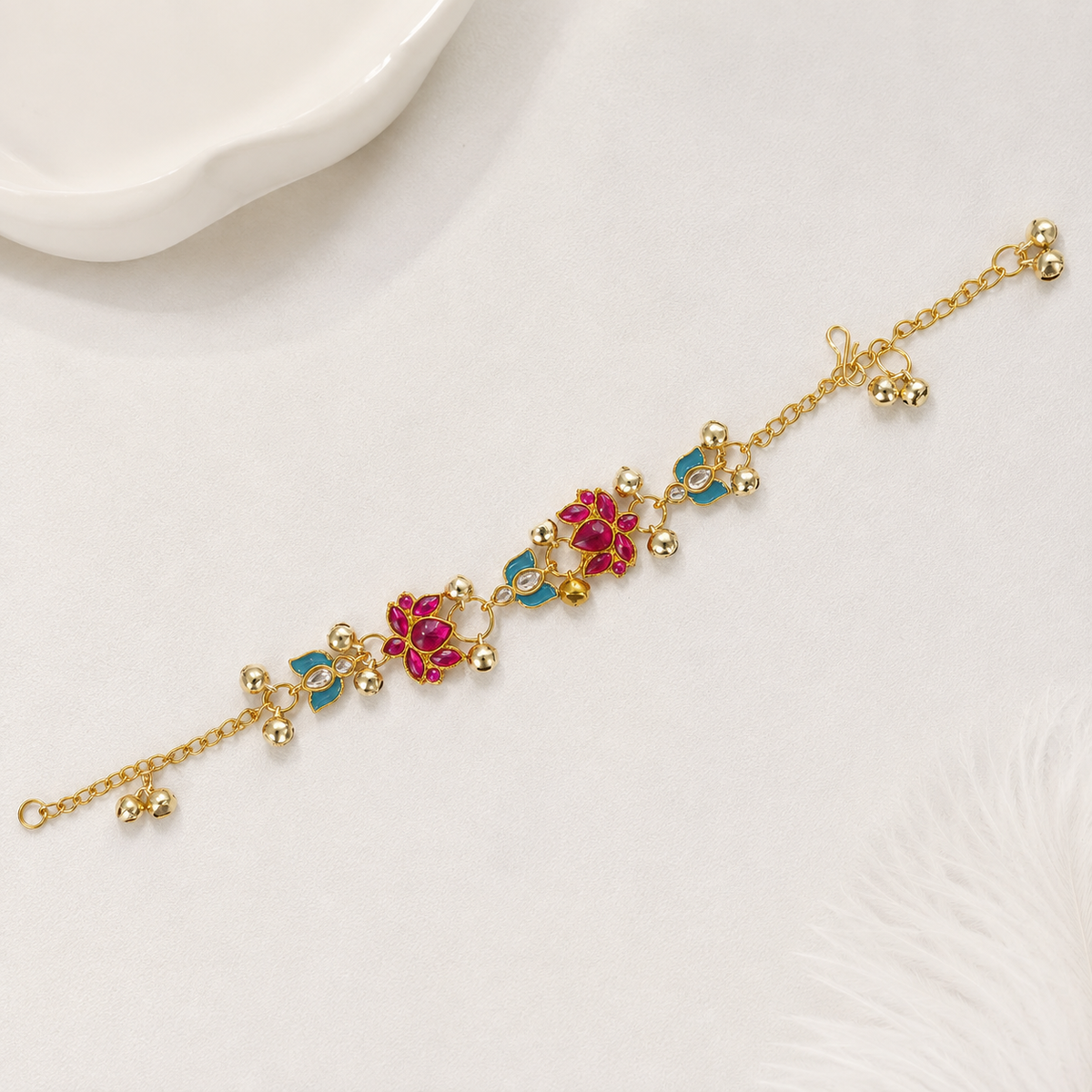 YLOCART Gold Plated Multicolor Designer Bracelet for Women | Pink & Blue Stone Floral Bracelet | Traditional Fashion Jewellery for Party & Festive Wear