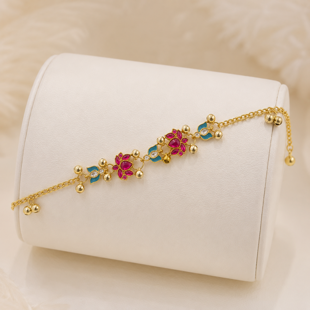 YLOCART Gold Plated Multicolor Designer Bracelet for Women | Pink & Blue Stone Floral Bracelet | Traditional Fashion Jewellery for Party & Festive Wear