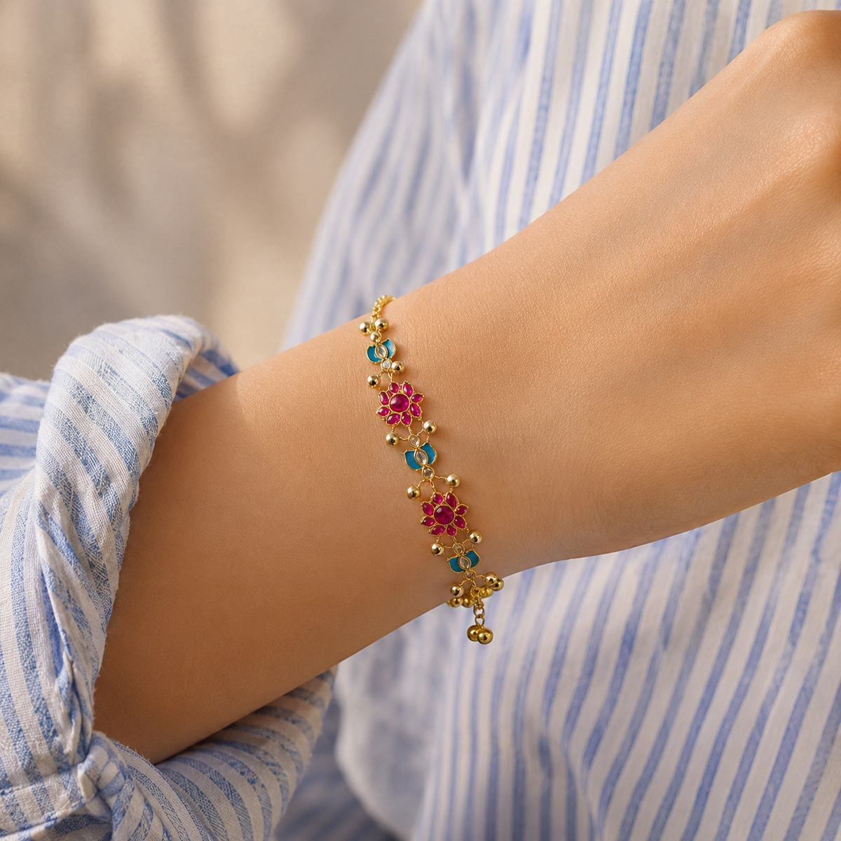 YLOCART Gold Plated Multicolor Designer Bracelet for Women | Pink & Blue Stone Floral Bracelet | Traditional Fashion Jewellery for Party & Festive Wear
