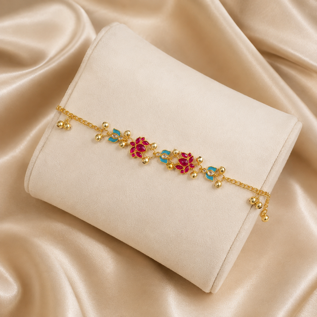 YLOCART Gold Plated Multicolor Designer Bracelet for Women | Pink & Blue Stone Floral Bracelet | Traditional Fashion Jewellery for Party & Festive Wear