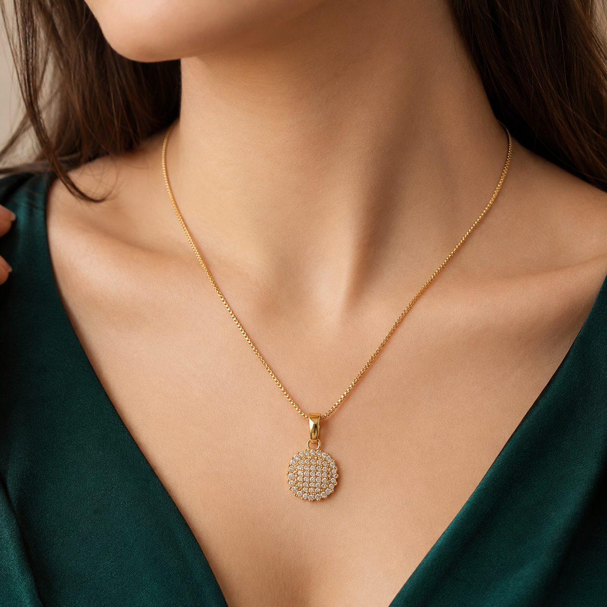 Gold Tone Round Pendant Necklace for Women | Elegant Designer Chain Necklace for Daily Wear & Special Occasions