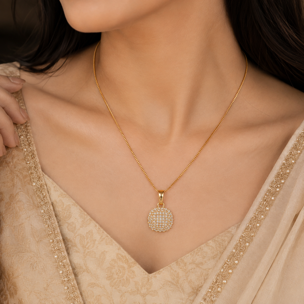 Gold Tone Round Pendant Necklace for Women | Elegant Designer Chain Necklace for Daily Wear & Special Occasions
