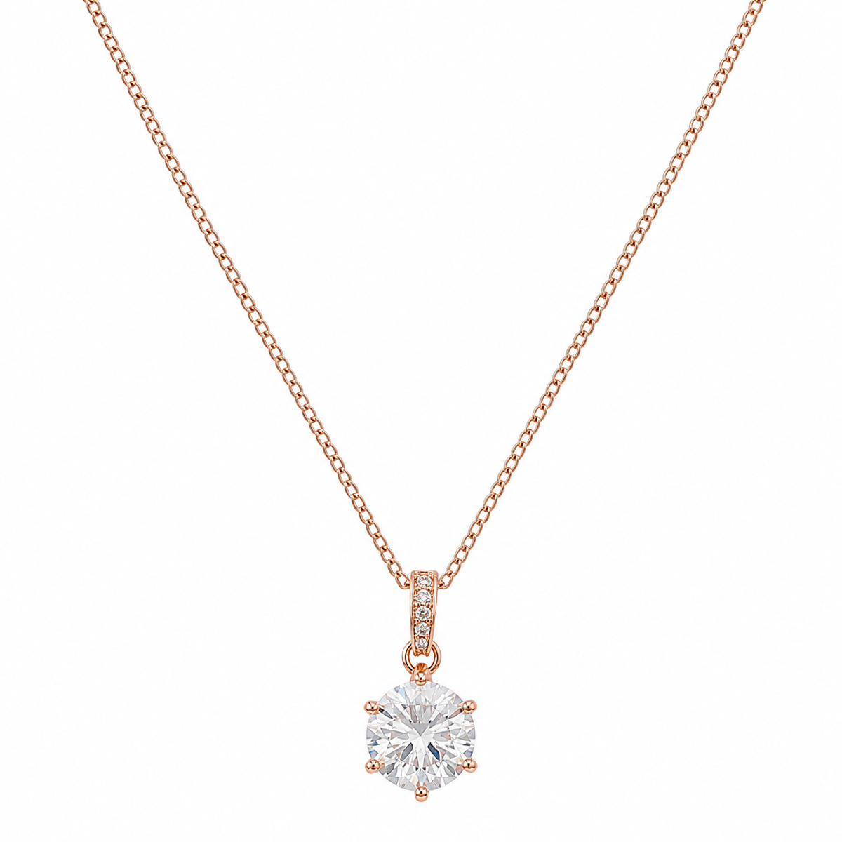 Rose Gold Round Solitaire Pendant Necklace for Women | Elegant Crystal Pendant Chain for Daily Wear & Party