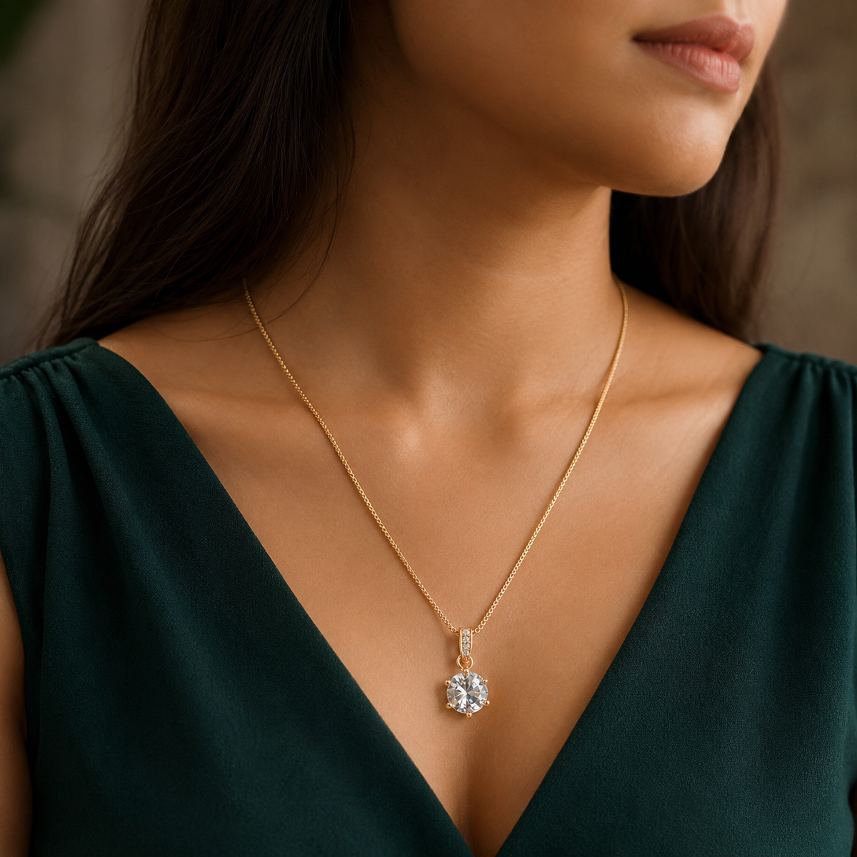Rose Gold Round Solitaire Pendant Necklace for Women | Elegant Crystal Pendant Chain for Daily Wear & Party