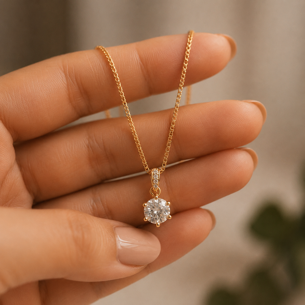 Rose Gold Round Solitaire Pendant Necklace for Women | Elegant Crystal Pendant Chain for Daily Wear & Party