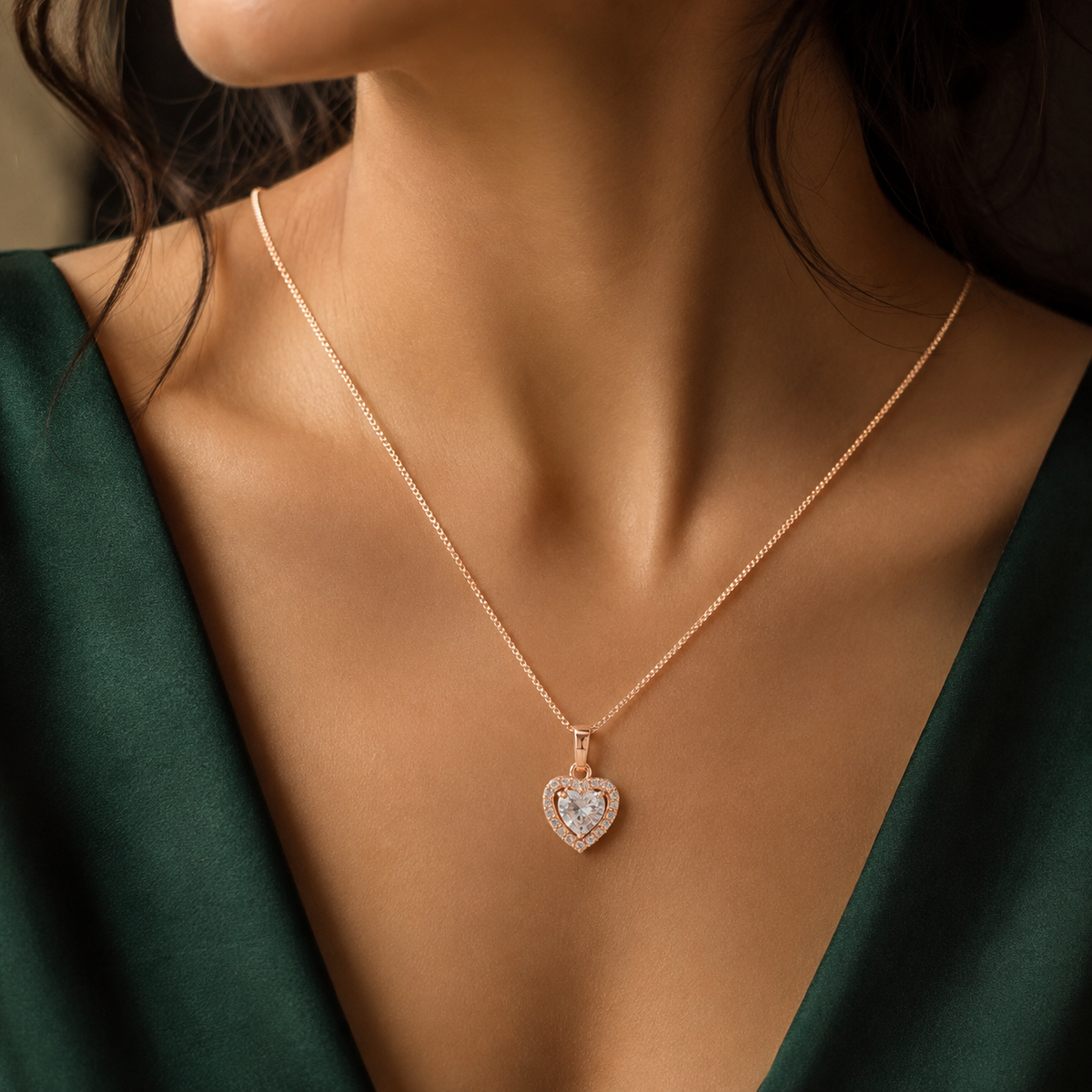 Rose Gold Heart Pendant Necklace for Women | Heart-Shaped Crystal Stone Chain Necklace for Women & Girls