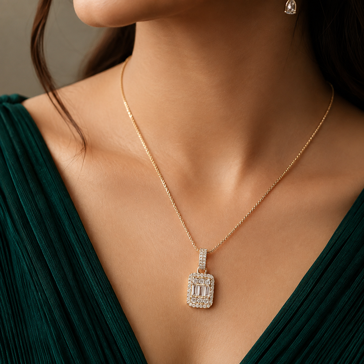 Rose Gold Rectangular Pendant Necklace for Women | Elegant Crystal Stone Designer Chain Necklace